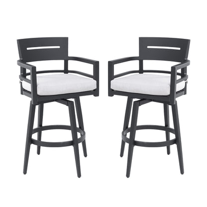 Modern Outdoor 2-Piece Swivel Bar Chairs – Aluminum Frame with Ember Black, 360° Swivel, Ergonomic Backrest & Armrests, Tapered Legs, Sunbrella Cushion, Weather-Resistant & Durable Patio Bar Stool