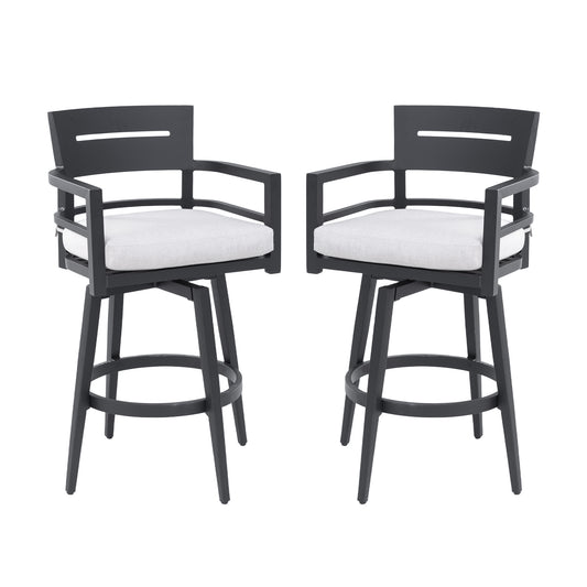 Modern Outdoor 2-Piece Swivel Bar Chairs – Aluminum Frame with Ember Black, 360° Swivel, Ergonomic Backrest & Armrests, Tapered Legs, Sunbrella Cushion, Weather-Resistant & Durable Patio Bar Stool