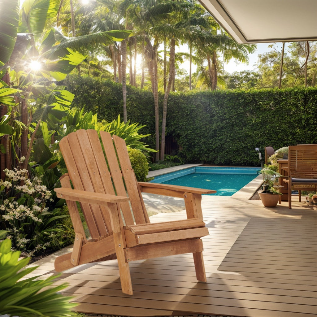 Oversize Wooden Outdoor Folding Adirondack Chair with Pre-Assembled BackRest & SeatBoard, Wood Patio Chair for Garden Backyard Porch Pool Deck Firepit