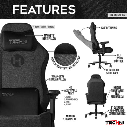 Techni Sport TSF65C Fabric Memory Foam Gaming Chair – Black
