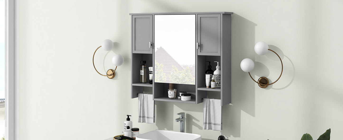 35'' x 28'' Modern Wall Mounted Bathroom Storage Cabinet, Bathroom Wall Cabinet with Mirror, Medicine Cabinet with Towels Bar