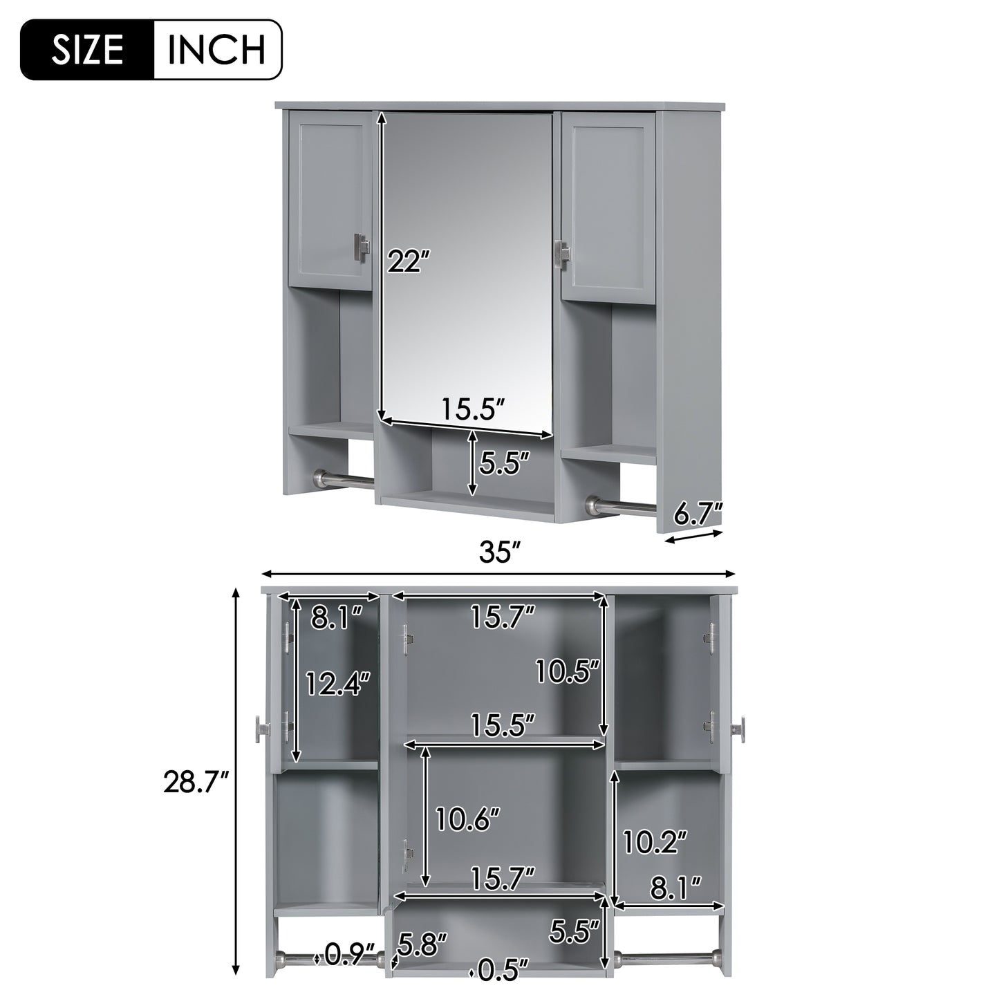 35'' x 28'' Modern Wall Mounted Bathroom Storage Cabinet, Bathroom Wall Cabinet with Mirror, Medicine Cabinet with Towels Bar