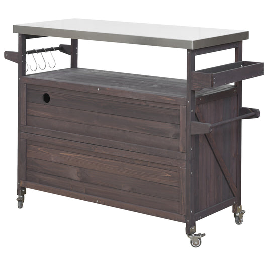 Outdoor Kitchen Island, Rolling Bar Cart & Storage Cabinet, Farmhouse Solid Wood Outdoor Grill Table with Stainless Steel Top, Spice Rack , Towel Rack for Kitchen & Barbecue , Dark Brown