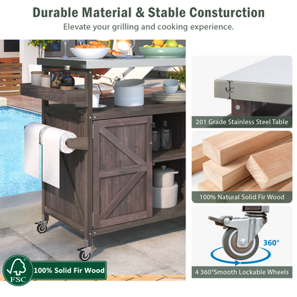 Outdoor Kitchen Island, Rolling Bar Cart & Storage Cabinet, Farmhouse Solid Wood Outdoor Grill Table with Stainless Steel Top, Spice Rack , Towel Rack for Kitchen & Barbecue , Dark Brown