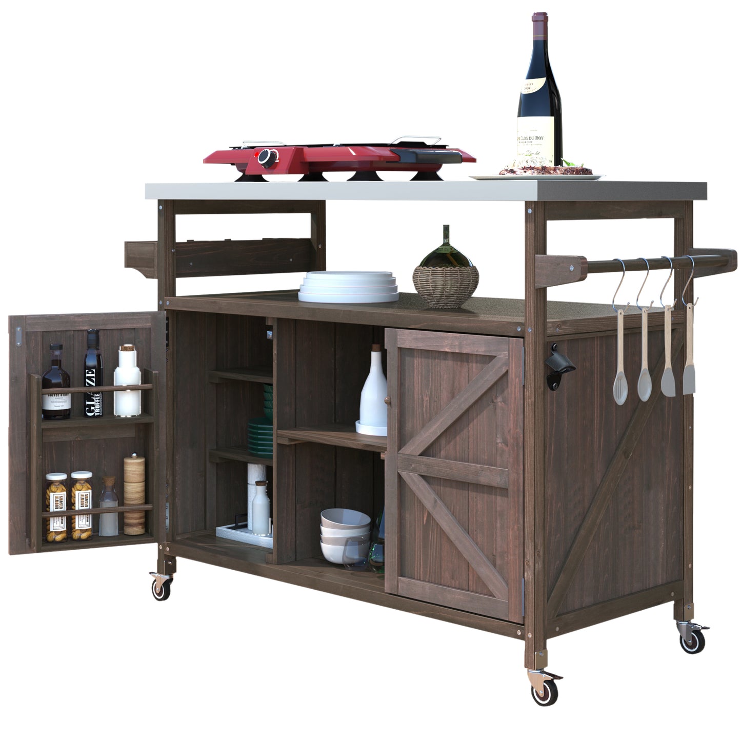 Outdoor Kitchen Island, Rolling Bar Cart & Storage Cabinet, Farmhouse Solid Wood Outdoor Grill Table with Stainless Steel Top, Spice Rack , Towel Rack for Kitchen & Barbecue , Dark Brown
