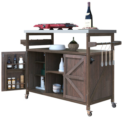 Outdoor Kitchen Island, Rolling Bar Cart & Storage Cabinet, Farmhouse Solid Wood Outdoor Grill Table with Stainless Steel Top, Spice Rack , Towel Rack for Kitchen & Barbecue , Dark Brown