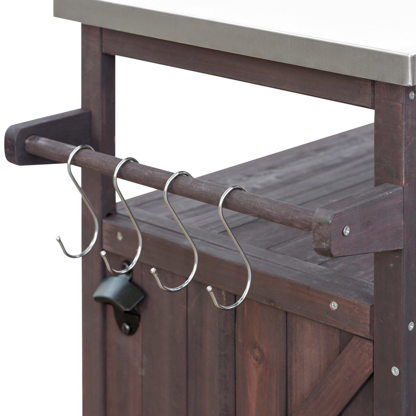 Outdoor Kitchen Island, Rolling Bar Cart & Storage Cabinet, Farmhouse Solid Wood Outdoor Grill Table with Stainless Steel Top, Spice Rack , Towel Rack for Kitchen & Barbecue , Dark Brown