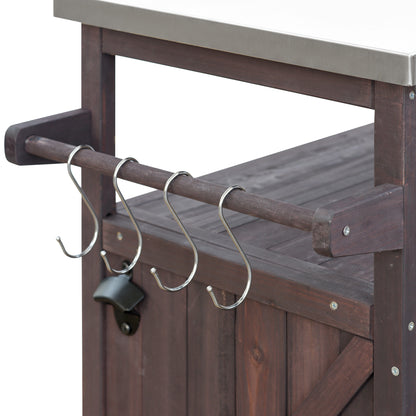 Outdoor Kitchen Island, Rolling Bar Cart & Storage Cabinet, Farmhouse Solid Wood Outdoor Grill Table with Stainless Steel Top, Spice Rack , Towel Rack for Kitchen & Barbecue , Dark Brown