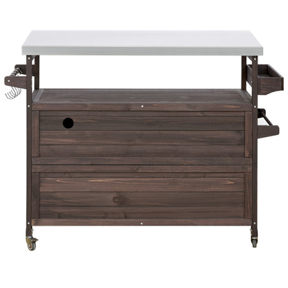 Outdoor Kitchen Island, Rolling Bar Cart & Storage Cabinet, Farmhouse Solid Wood Outdoor Grill Table with Stainless Steel Top, Spice Rack , Towel Rack for Kitchen & Barbecue , Dark Brown