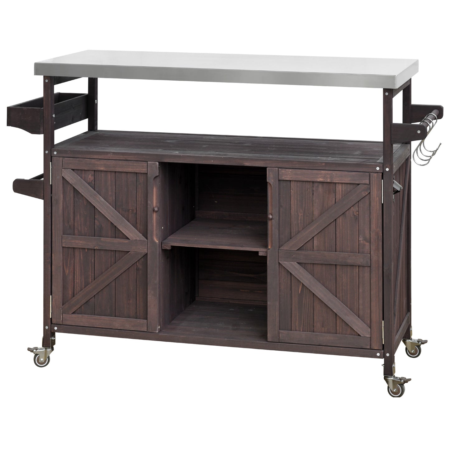 Outdoor Kitchen Island, Rolling Bar Cart & Storage Cabinet, Farmhouse Solid Wood Outdoor Grill Table with Stainless Steel Top, Spice Rack , Towel Rack for Kitchen & Barbecue , Dark Brown