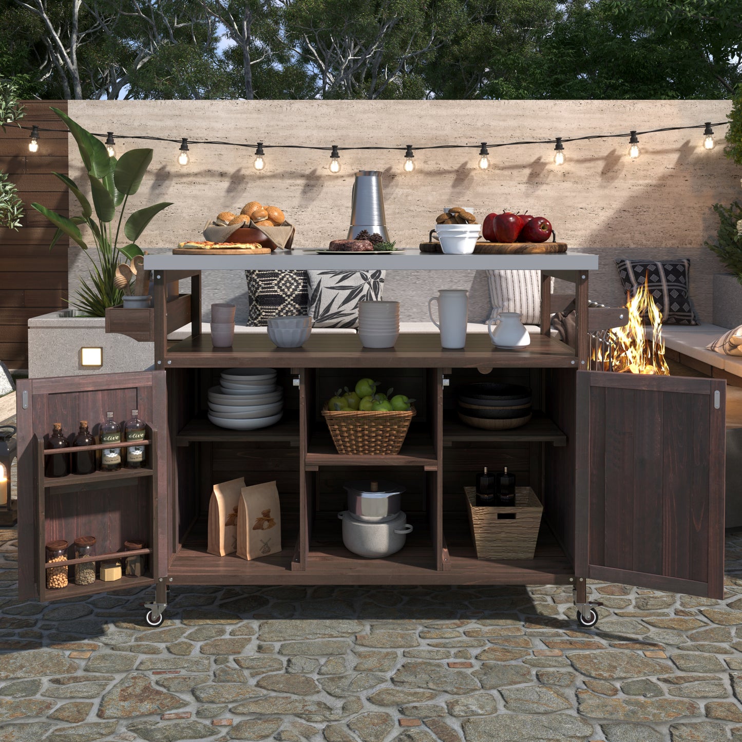 Outdoor Kitchen Island, Rolling Bar Cart & Storage Cabinet, Farmhouse Solid Wood Outdoor Grill Table with Stainless Steel Top, Spice Rack , Towel Rack for Kitchen & Barbecue , Dark Brown