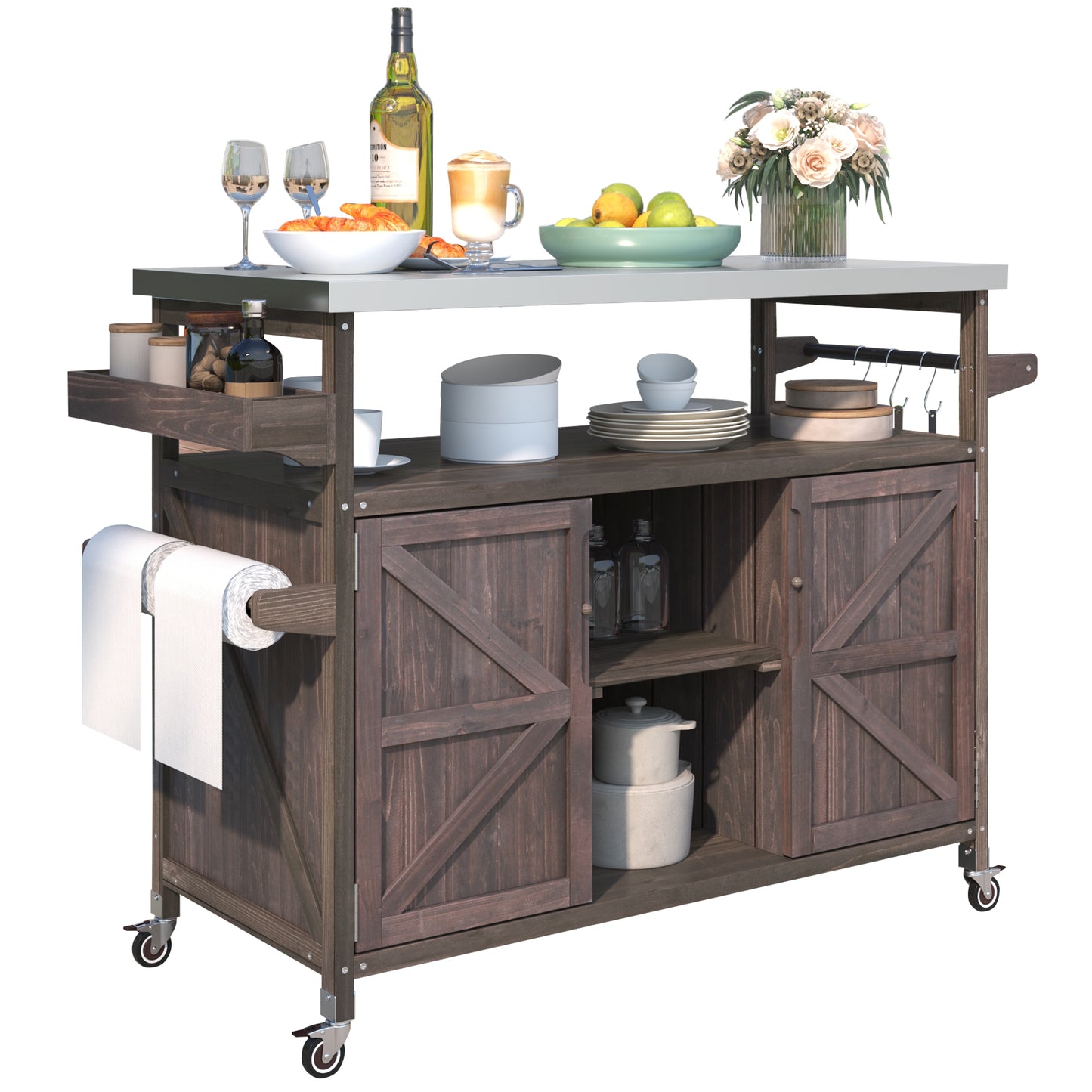 Outdoor Kitchen Island, Rolling Bar Cart & Storage Cabinet, Farmhouse Solid Wood Outdoor Grill Table with Stainless Steel Top, Spice Rack , Towel Rack for Kitchen & Barbecue , Dark Brown