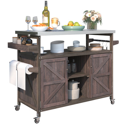 Outdoor Kitchen Island, Rolling Bar Cart & Storage Cabinet, Farmhouse Solid Wood Outdoor Grill Table with Stainless Steel Top, Spice Rack , Towel Rack for Kitchen & Barbecue , Dark Brown