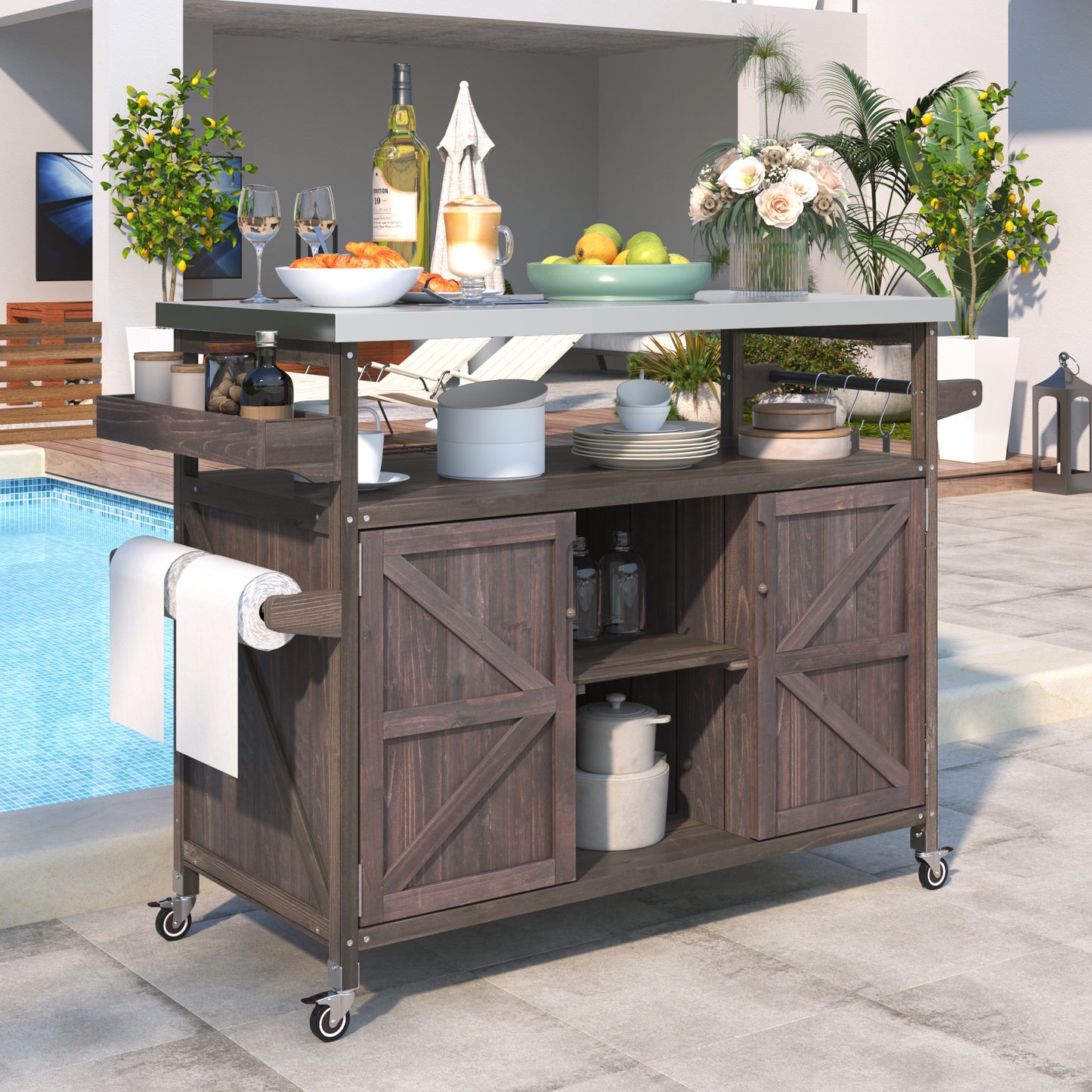 Outdoor Kitchen Island, Rolling Bar Cart & Storage Cabinet, Farmhouse Solid Wood Outdoor Grill Table with Stainless Steel Top, Spice Rack , Towel Rack for Kitchen & Barbecue , Dark Brown