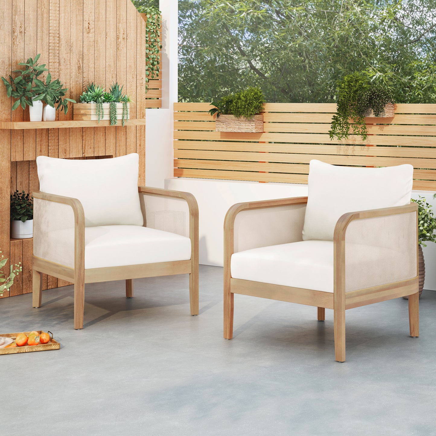 Outdoor Acacia Wood Patio Club Chair, Textilene Patio Furniture,Waterproof Thick Cushion Deep Seating for Porch, Garden, Backyard, Balcony, Weight Capacity 400lbs, Light Teak Finish, Beige