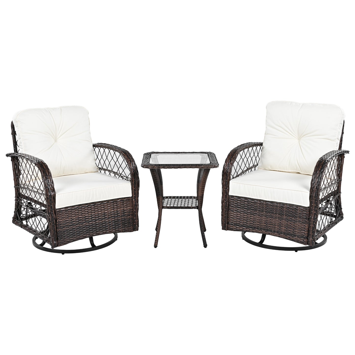3-piece Outdoor Chair&Table Set Chat Set 2-person Rattan Seating Group with Two Swiveling and Rocking Chairs and a Square Table for Garden, Patio, or Balcony, Brown