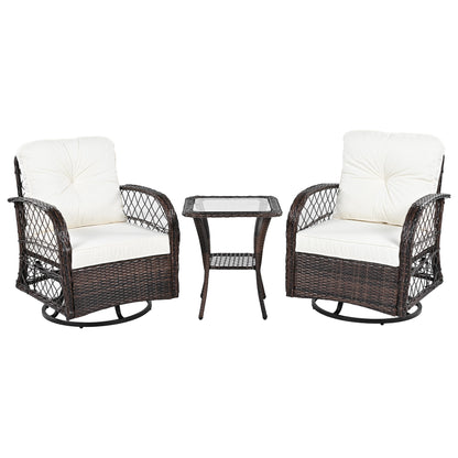 3-piece Outdoor Chair&Table Set Chat Set 2-person Rattan Seating Group with Two Swiveling and Rocking Chairs and a Square Table for Garden, Patio, or Balcony, Brown