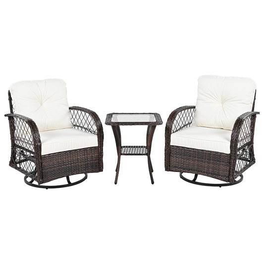 3-piece Outdoor Chair&Table Set Chat Set 2-person Rattan Seating Group with Two Swiveling and Rocking Chairs and a Square Table for Garden, Patio, or Balcony, Brown