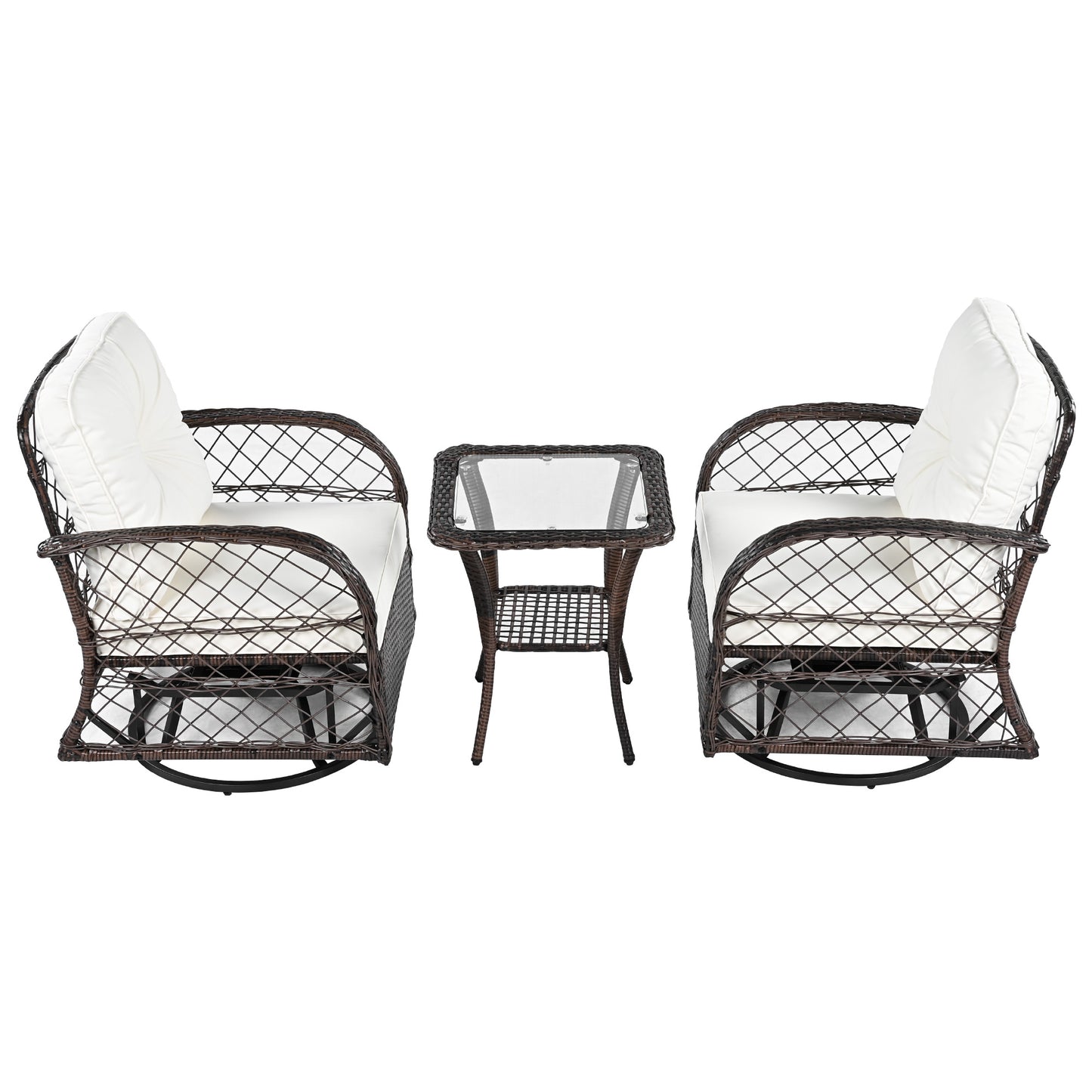 3-piece Outdoor Chair&Table Set Chat Set 2-person Rattan Seating Group with Two Swiveling and Rocking Chairs and a Square Table for Garden, Patio, or Balcony, Brown