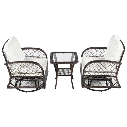 3-piece Outdoor Chair&Table Set Chat Set 2-person Rattan Seating Group with Two Swiveling and Rocking Chairs and a Square Table for Garden, Patio, or Balcony, Brown