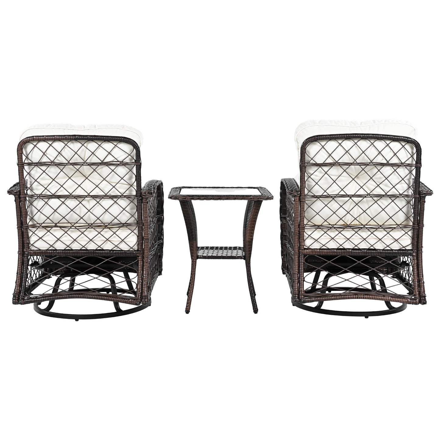 3-piece Outdoor Chair&Table Set Chat Set 2-person Rattan Seating Group with Two Swiveling and Rocking Chairs and a Square Table for Garden, Patio, or Balcony, Brown
