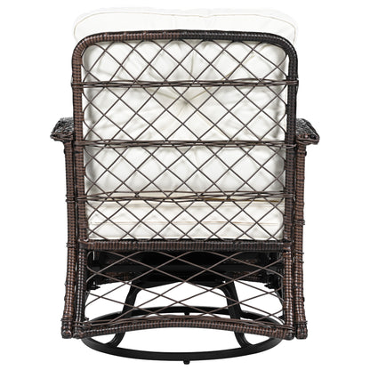 3-piece Outdoor Chair&Table Set Chat Set 2-person Rattan Seating Group with Two Swiveling and Rocking Chairs and a Square Table for Garden, Patio, or Balcony, Brown