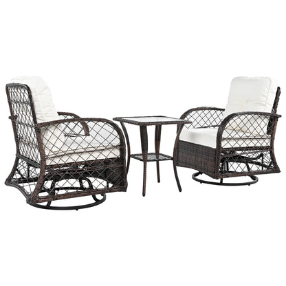 3-piece Outdoor Chair&Table Set Chat Set 2-person Rattan Seating Group with Two Swiveling and Rocking Chairs and a Square Table for Garden, Patio, or Balcony, Brown
