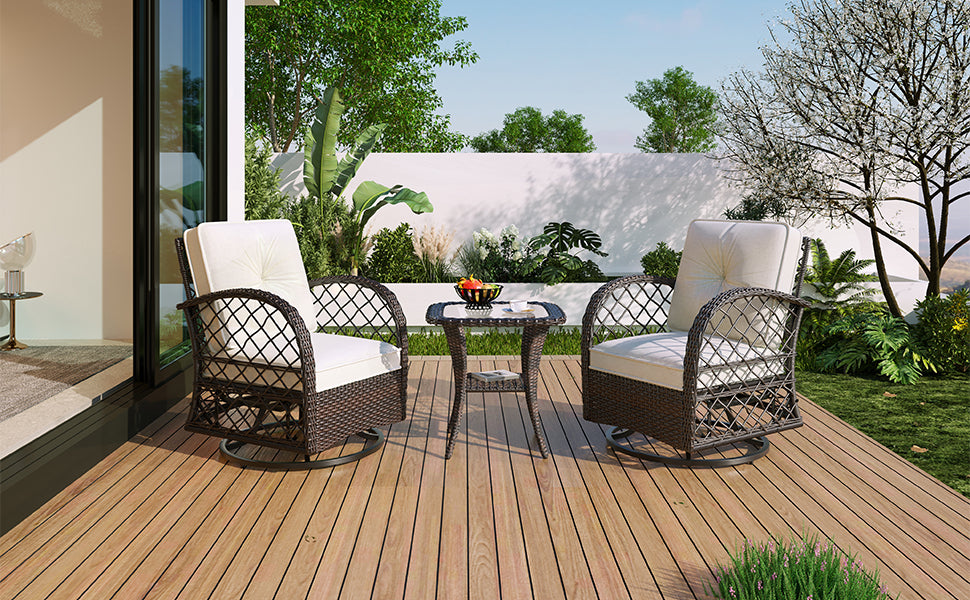 3-piece Outdoor Chair&Table Set Chat Set 2-person Rattan Seating Group with Two Swiveling and Rocking Chairs and a Square Table for Garden, Patio, or Balcony, Brown
