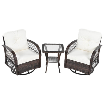 3-piece Outdoor Chair&Table Set Chat Set 2-person Rattan Seating Group with Two Swiveling and Rocking Chairs and a Square Table for Garden, Patio, or Balcony, Brown
