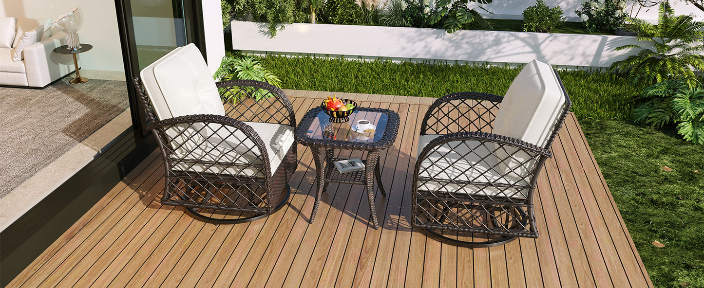 3-piece Outdoor Chair&Table Set Chat Set 2-person Rattan Seating Group with Two Swiveling and Rocking Chairs and a Square Table for Garden, Patio, or Balcony, Brown