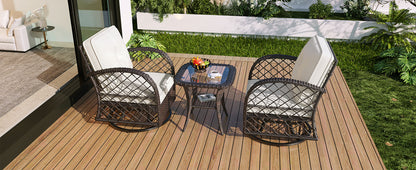 3-piece Outdoor Chair&Table Set Chat Set 2-person Rattan Seating Group with Two Swiveling and Rocking Chairs and a Square Table for Garden, Patio, or Balcony, Brown