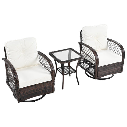 3-piece Outdoor Chair&Table Set Chat Set 2-person Rattan Seating Group with Two Swiveling and Rocking Chairs and a Square Table for Garden, Patio, or Balcony, Brown