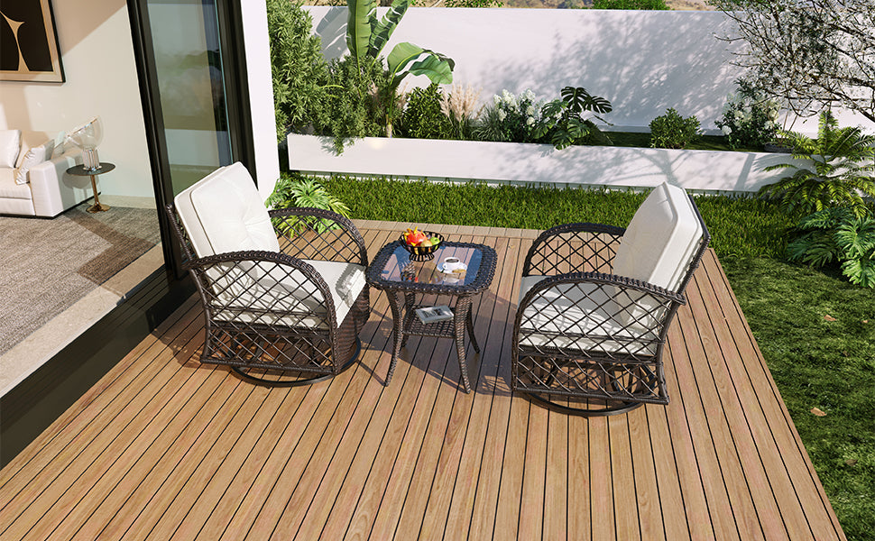3-piece Outdoor Chair&Table Set Chat Set 2-person Rattan Seating Group with Two Swiveling and Rocking Chairs and a Square Table for Garden, Patio, or Balcony, Brown