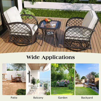 3-piece Outdoor Chair&Table Set Chat Set 2-person Rattan Seating Group with Two Swiveling and Rocking Chairs and a Square Table for Garden, Patio, or Balcony, Brown