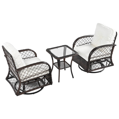 3-piece Outdoor Chair&Table Set Chat Set 2-person Rattan Seating Group with Two Swiveling and Rocking Chairs and a Square Table for Garden, Patio, or Balcony, Brown