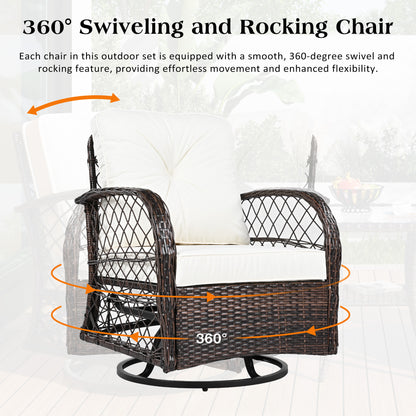 3-piece Outdoor Chair&Table Set Chat Set 2-person Rattan Seating Group with Two Swiveling and Rocking Chairs and a Square Table for Garden, Patio, or Balcony, Brown