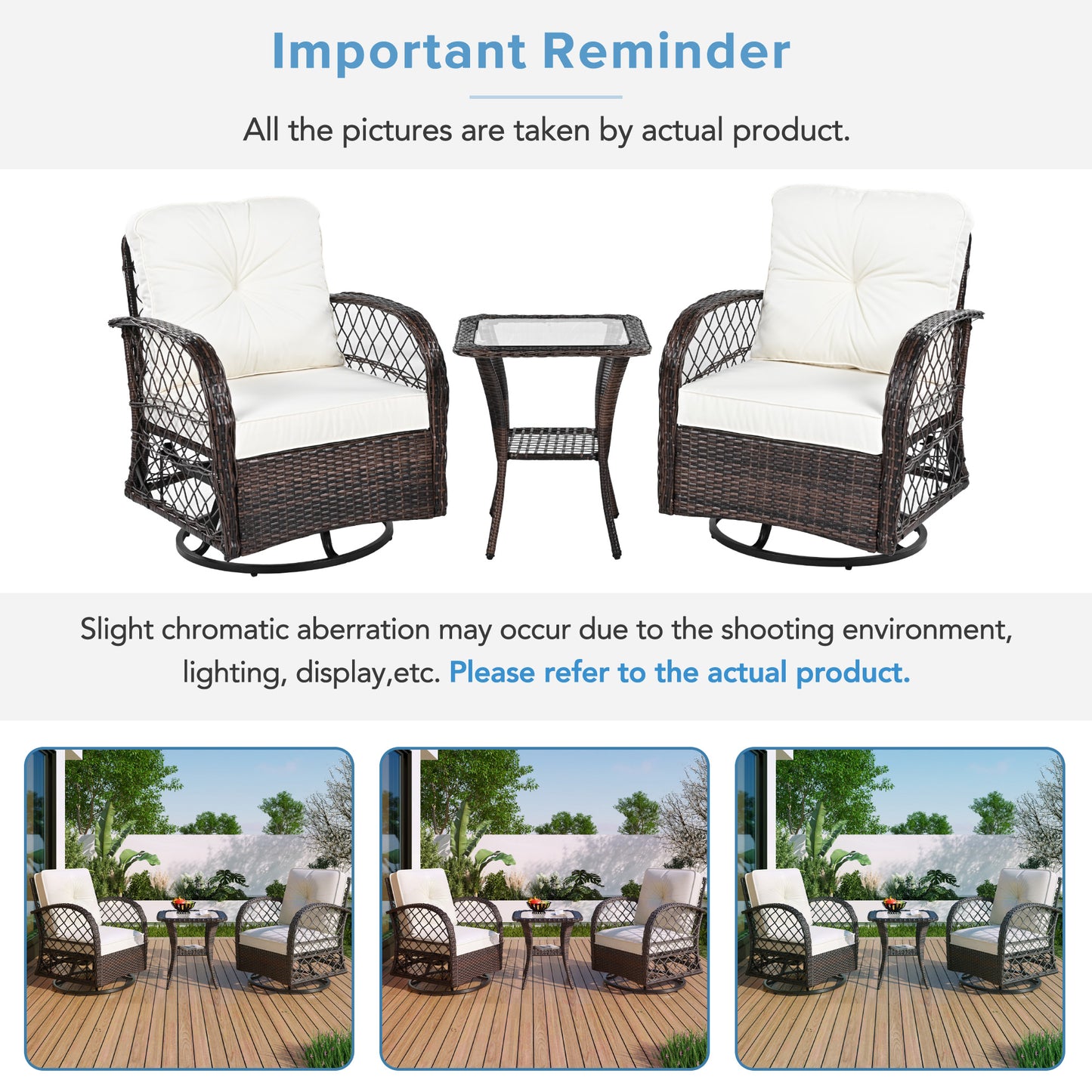 3-piece Outdoor Chair&Table Set Chat Set 2-person Rattan Seating Group with Two Swiveling and Rocking Chairs and a Square Table for Garden, Patio, or Balcony, Brown