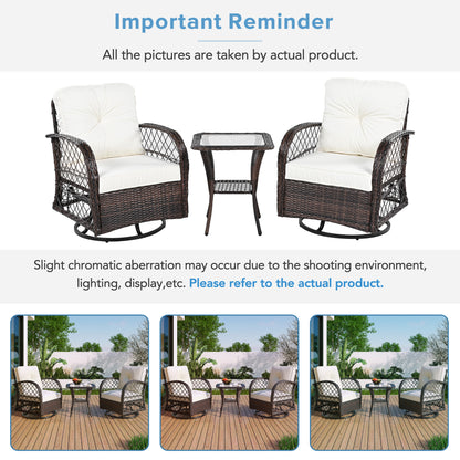 3-piece Outdoor Chair&Table Set Chat Set 2-person Rattan Seating Group with Two Swiveling and Rocking Chairs and a Square Table for Garden, Patio, or Balcony, Brown