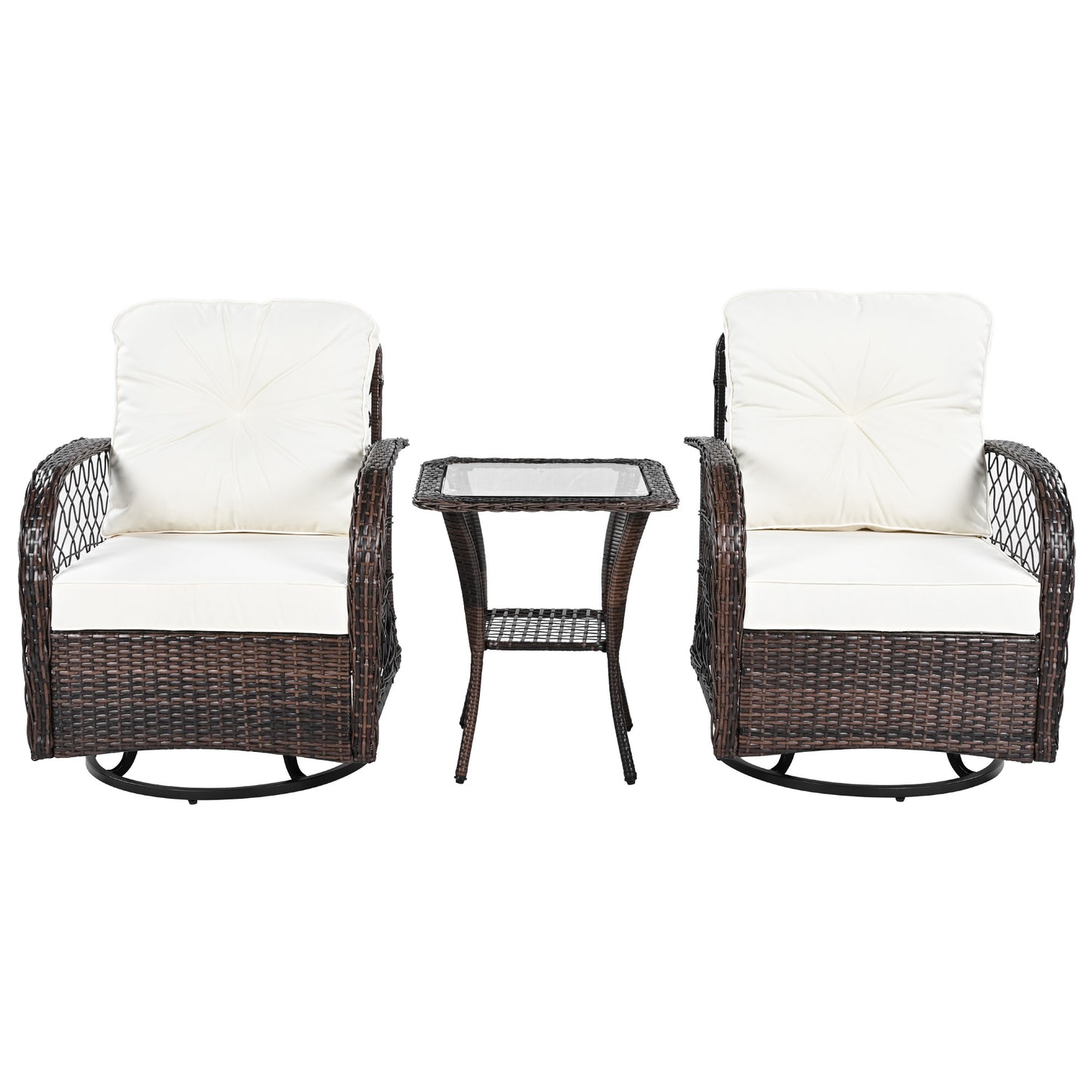 3-piece Outdoor Chair&Table Set Chat Set 2-person Rattan Seating Group with Two Swiveling and Rocking Chairs and a Square Table for Garden, Patio, or Balcony, Brown