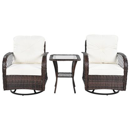 3-piece Outdoor Chair&Table Set Chat Set 2-person Rattan Seating Group with Two Swiveling and Rocking Chairs and a Square Table for Garden, Patio, or Balcony, Brown