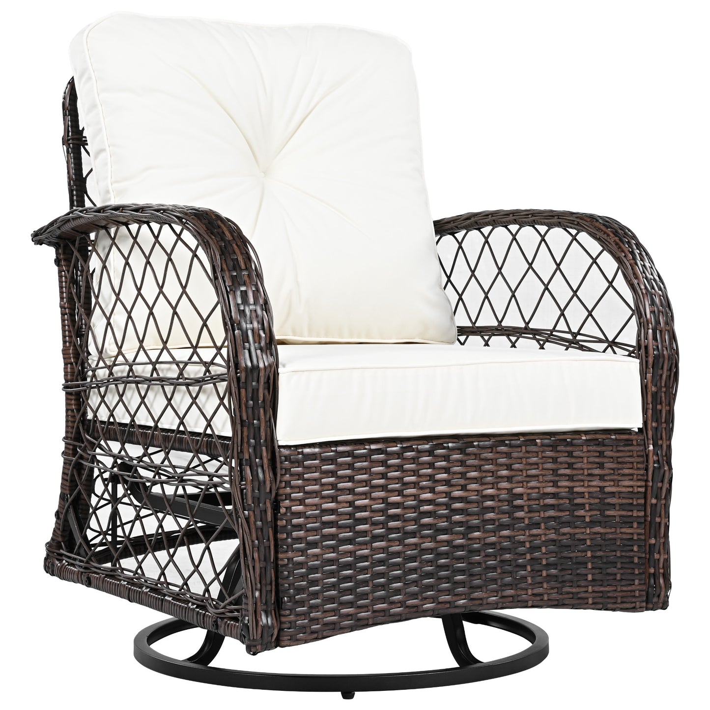 3-piece Outdoor Chair&Table Set Chat Set 2-person Rattan Seating Group with Two Swiveling and Rocking Chairs and a Square Table for Garden, Patio, or Balcony, Brown