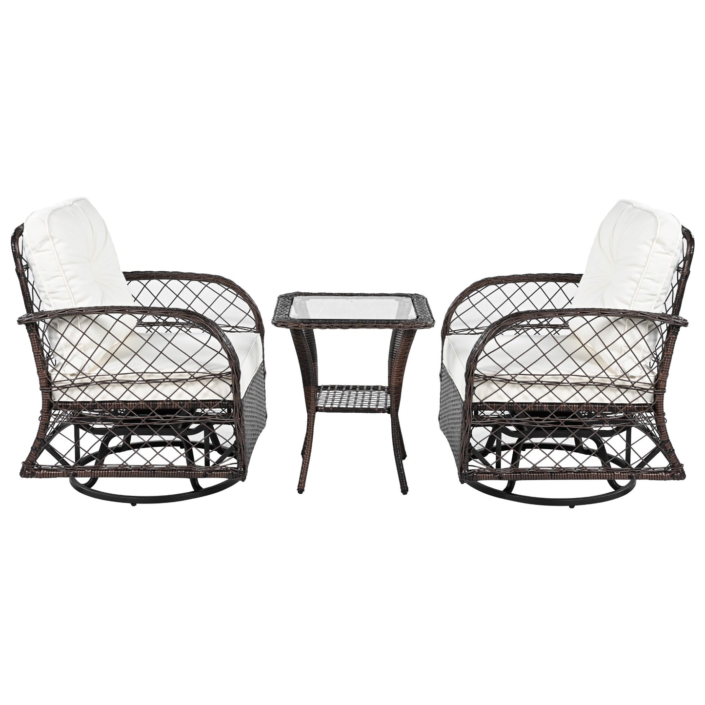 3-piece Outdoor Chair&Table Set Chat Set 2-person Rattan Seating Group with Two Swiveling and Rocking Chairs and a Square Table for Garden, Patio, or Balcony, Brown