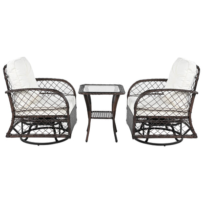 3-piece Outdoor Chair&Table Set Chat Set 2-person Rattan Seating Group with Two Swiveling and Rocking Chairs and a Square Table for Garden, Patio, or Balcony, Brown
