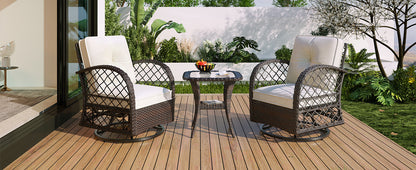 3-piece Outdoor Chair&Table Set Chat Set 2-person Rattan Seating Group with Two Swiveling and Rocking Chairs and a Square Table for Garden, Patio, or Balcony, Brown