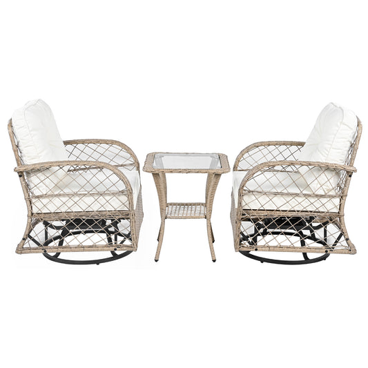 3-piece Outdoor Chair&Table Set Chat Set 2-person Rattan Seating Group with Two Two Swiveling and Rocking Chairs and a Square Table for Garden, Patio, or Balcony, Natural
