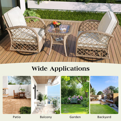3-piece Outdoor Chair&Table Set Chat Set 2-person Rattan Seating Group with Two Two Swiveling and Rocking Chairs and a Square Table for Garden, Patio, or Balcony, Natural