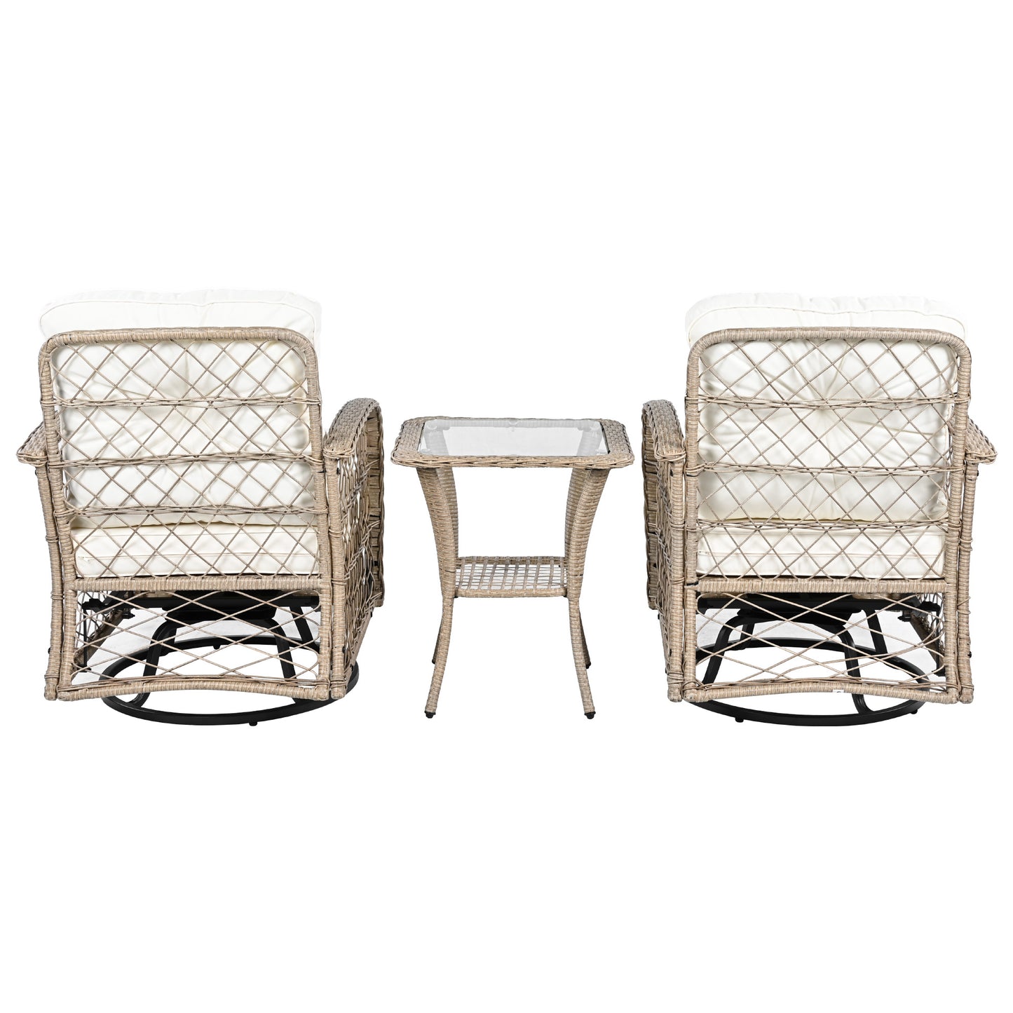 3-piece Outdoor Chair&Table Set Chat Set 2-person Rattan Seating Group with Two Two Swiveling and Rocking Chairs and a Square Table for Garden, Patio, or Balcony, Natural