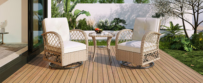 3-piece Outdoor Chair&Table Set Chat Set 2-person Rattan Seating Group with Two Two Swiveling and Rocking Chairs and a Square Table for Garden, Patio, or Balcony, Natural