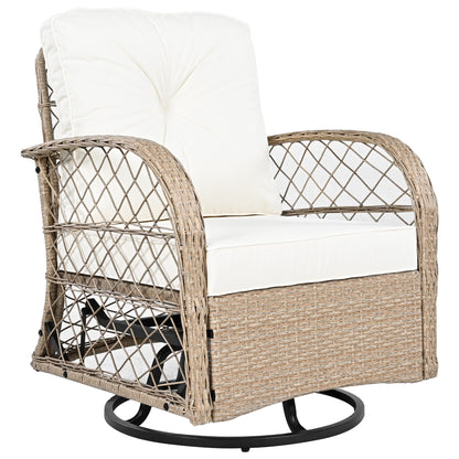 3-piece Outdoor Chair&Table Set Chat Set 2-person Rattan Seating Group with Two Two Swiveling and Rocking Chairs and a Square Table for Garden, Patio, or Balcony, Natural