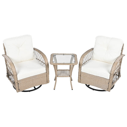 3-piece Outdoor Chair&Table Set Chat Set 2-person Rattan Seating Group with Two Two Swiveling and Rocking Chairs and a Square Table for Garden, Patio, or Balcony, Natural